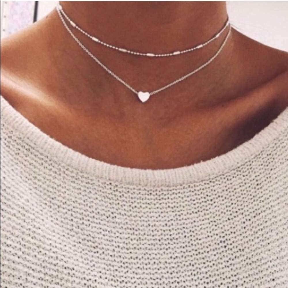 Double Strand Silver Heart Necklace